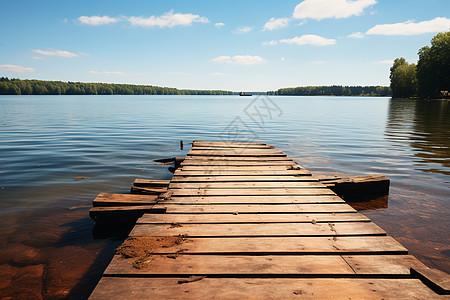 湖边木板路上的夏日乐趣图片