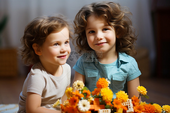 两个小孩有花束和花瓶图片