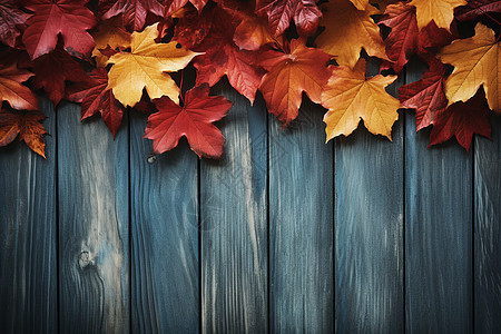 秋日枫叶掩映的木质墙壁图片