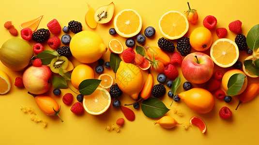 黄色背景上的新鲜水果图片