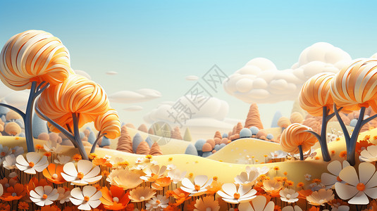 3D剪纸风的秋天乡村田野景观图片