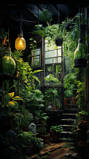 长满绿色植物的室内空间图片