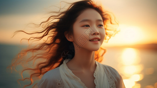 日出沙滩上的美丽女孩背景图片