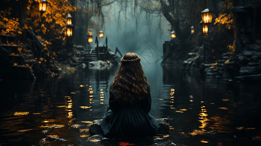 黑暗森林河边的女孩图片