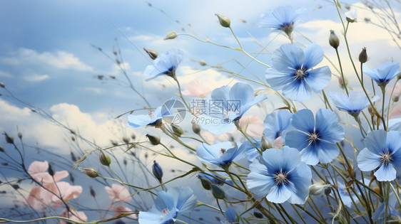 蓝色的花朵在蓝天下绽放图片