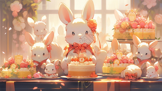 兔子坐在蛋糕前图片