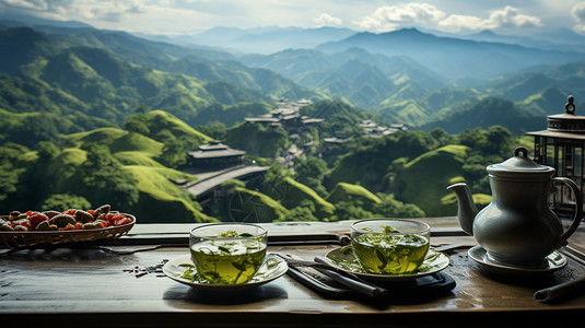 城山日出峰夏季山谷中的品茶文化插画