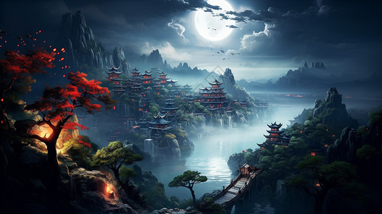 中国园林古建筑绘画背景图片