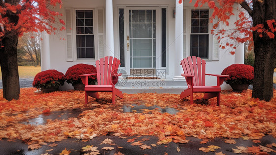 院子里的红色椅子图片