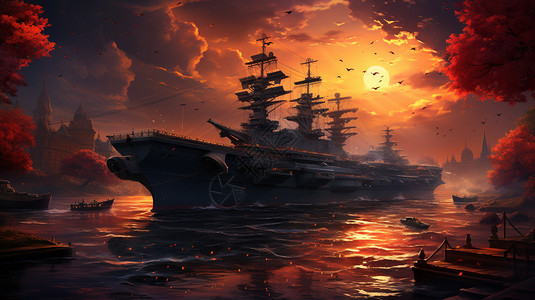 夕阳下的航空母舰图片