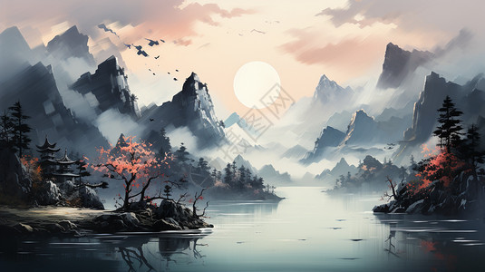 中式古风的山间意境水墨画图片