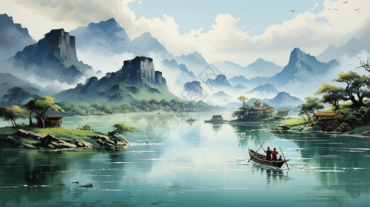 中式古风山间风景意境水墨画图片