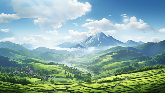 郁郁葱葱的茶山景观图片
