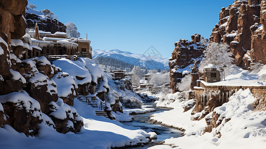 冬季陡峭悬崖上的村落图片