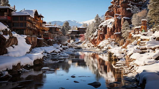 雪后的山中古典村落图片