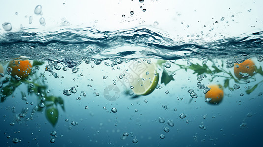水中气泡包围的柠檬图片