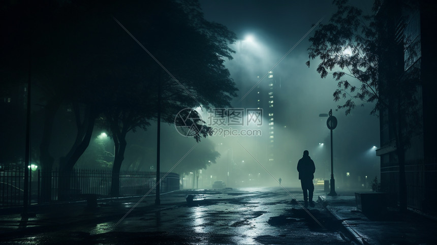 雨后迷雾笼罩的城市街道图片