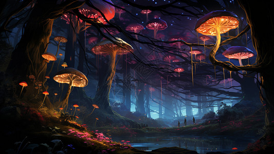 夜晚树林中神秘的蘑菇图片