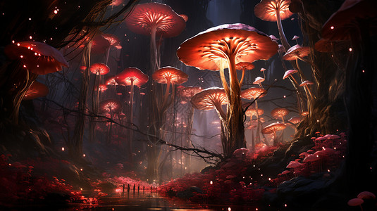 树林中梦幻的发光蘑菇图片