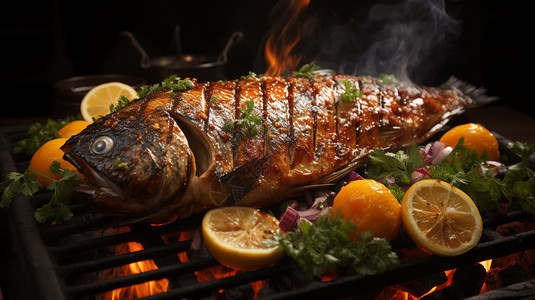 新鲜烹饪的烤鱼料理图片
