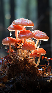 雨后树林中新生的蘑菇设计图片