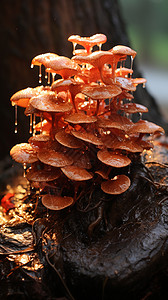 雨后树林中生长的蘑菇图片