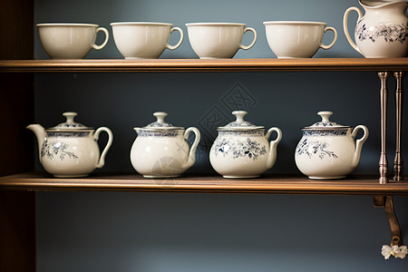 柜子上各种各样的茶壶背景图片