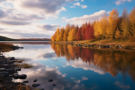 秋叶覆盖的湖泊图片