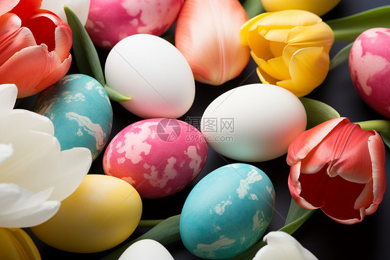五彩斑斓的复活节彩蛋和鲜花图片
