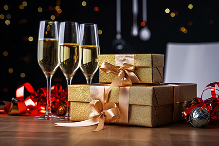 圣诞节上的香槟和一个礼盒图片