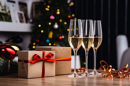 圣诞夜的礼物和香槟图片