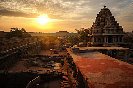 寺庙与日落风景图片