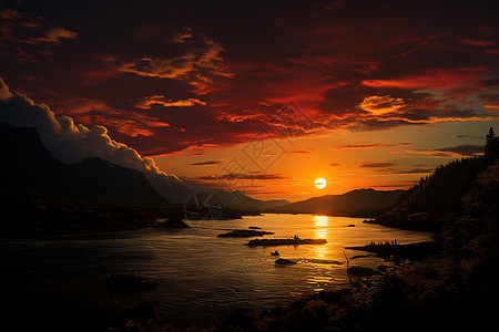 夏日黄昏下的湖面夕阳图片