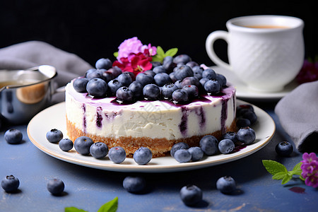 蓝莓蛋糕与一杯咖啡图片