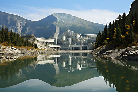 迷人山峦湖泊环境下的工厂图片