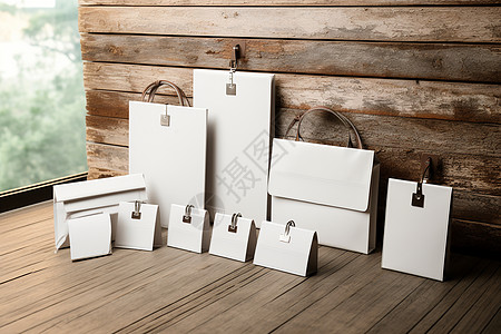 品牌推广桌上的白色纸袋设计图片