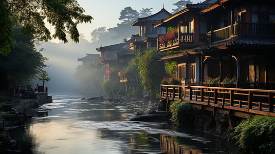 夏季美丽的江南水乡景观背景图片