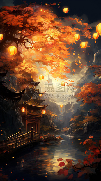 中式古风风格的山间风景插画图片