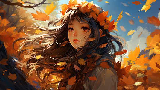 秋叶包围的唯美女孩图片