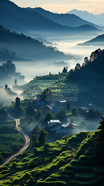 夏季日出山间的美丽景观图片