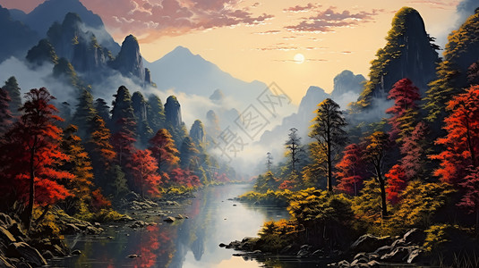 美丽的秋天山谷森林景观插画