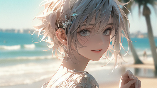 沙滩上优雅的银发少女图片