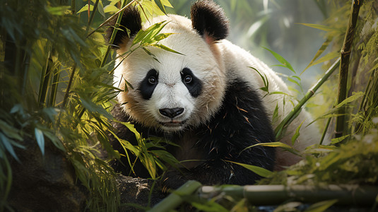 雨中竹林中可爱的熊猫背景