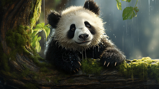 雨中树林中的熊猫图片