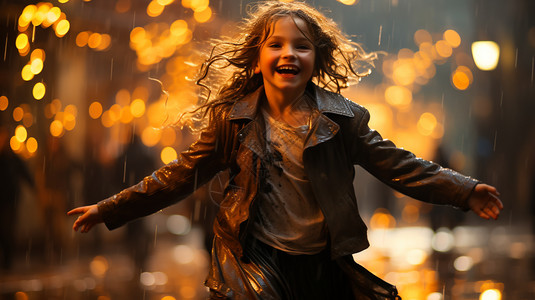 雨夜中快乐奔跑的小女孩高清图片