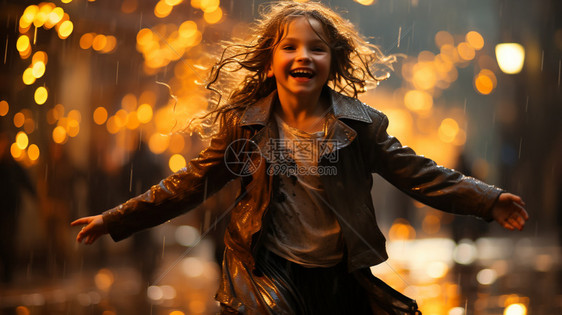 雨夜中快乐奔跑的小女孩图片