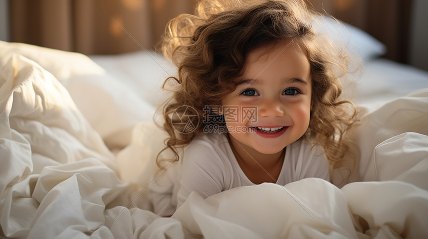 床上笑容开朗的小女婴图片