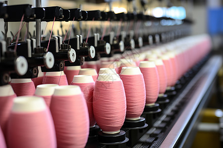 机器上排列着粉色的纱线高清图片