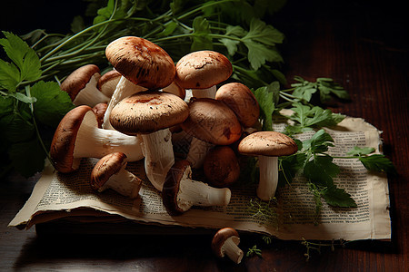 一堆蘑菇放在餐桌上图片