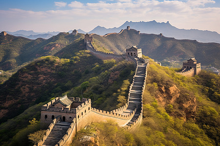 中国城墙伟大的长城与美丽的风景背景